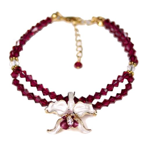 Orchid bracelet white petals ruby crystals