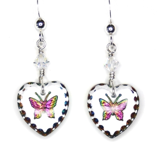 Butterfly Intaglio German Glass Heart Earrings