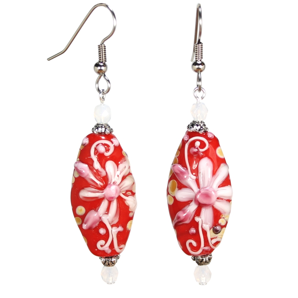 Red/White Flower Oval Lampwork Earrings