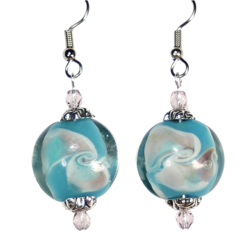 Blue/Peach Swirl Coin Lampwork Earrings