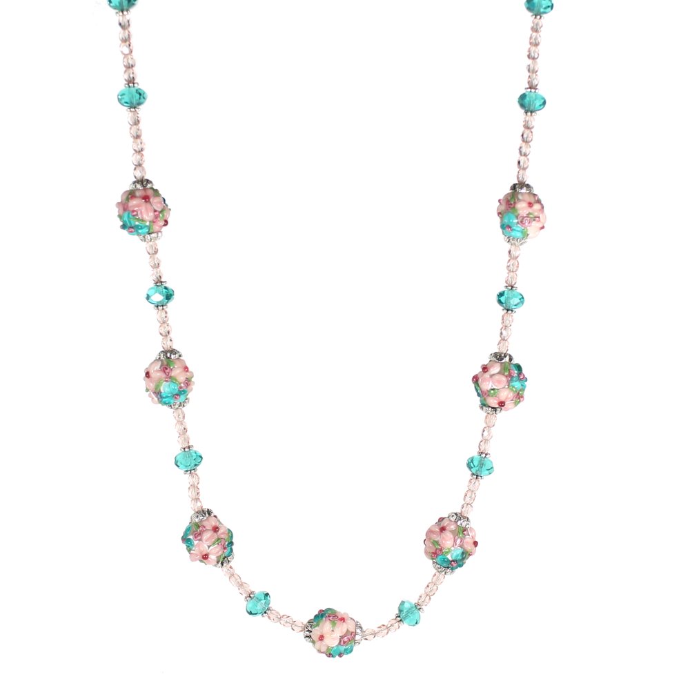 Opaque Pink and Teal Flower Round Necklace