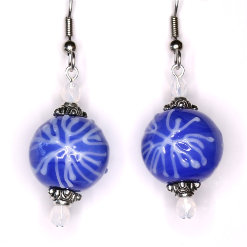 White Snowflake on Blue Round Lampwork Earrings