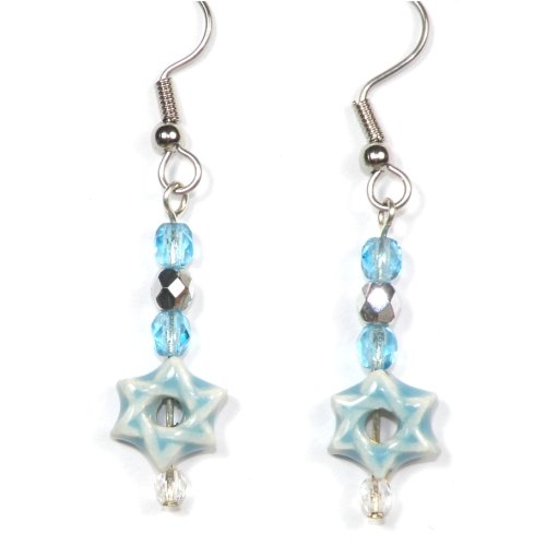 Blue Star of David Teeny Tiny Peruvian Ceramic Earrings