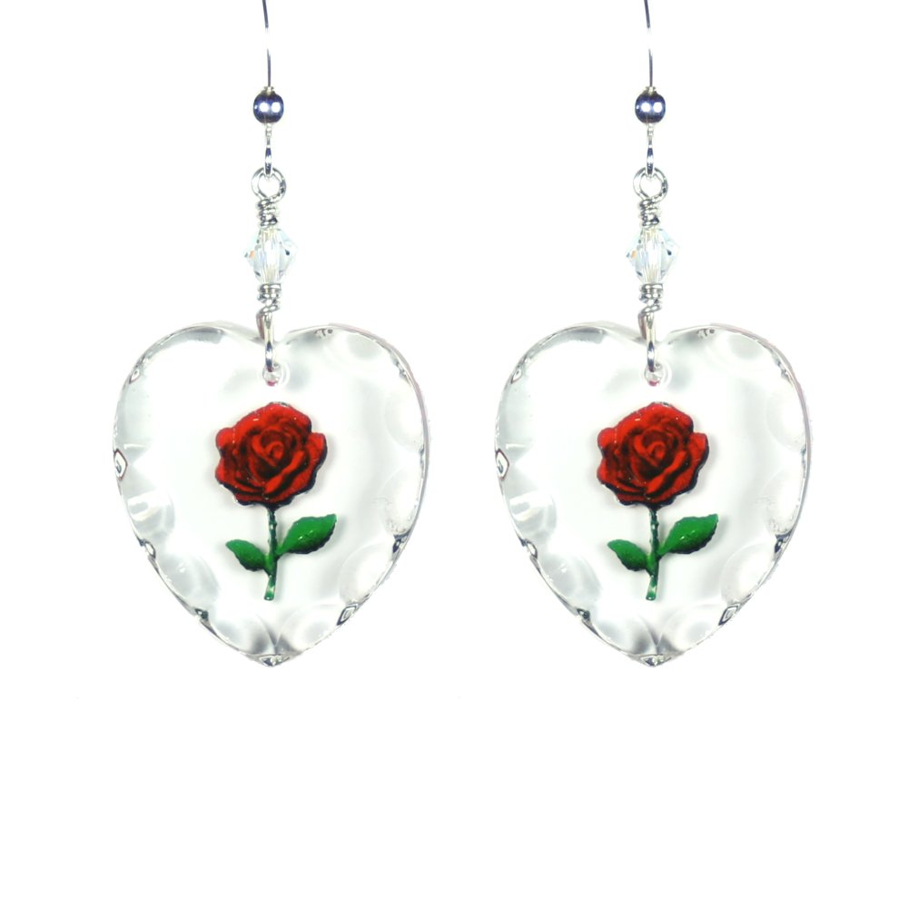 Vintage West German Glass Rose Intaglio Heart Earrings