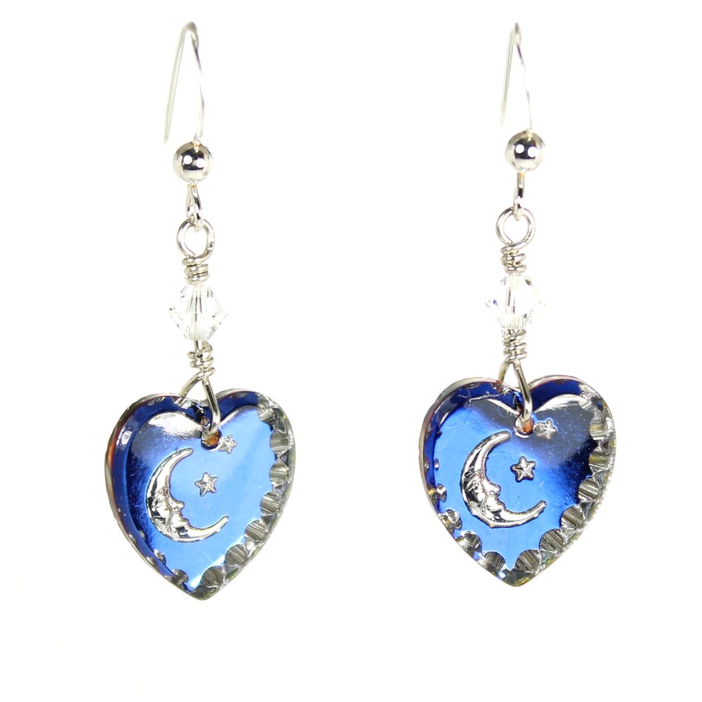Moon Heliotrope Intaglio German Glass Heart Earrings