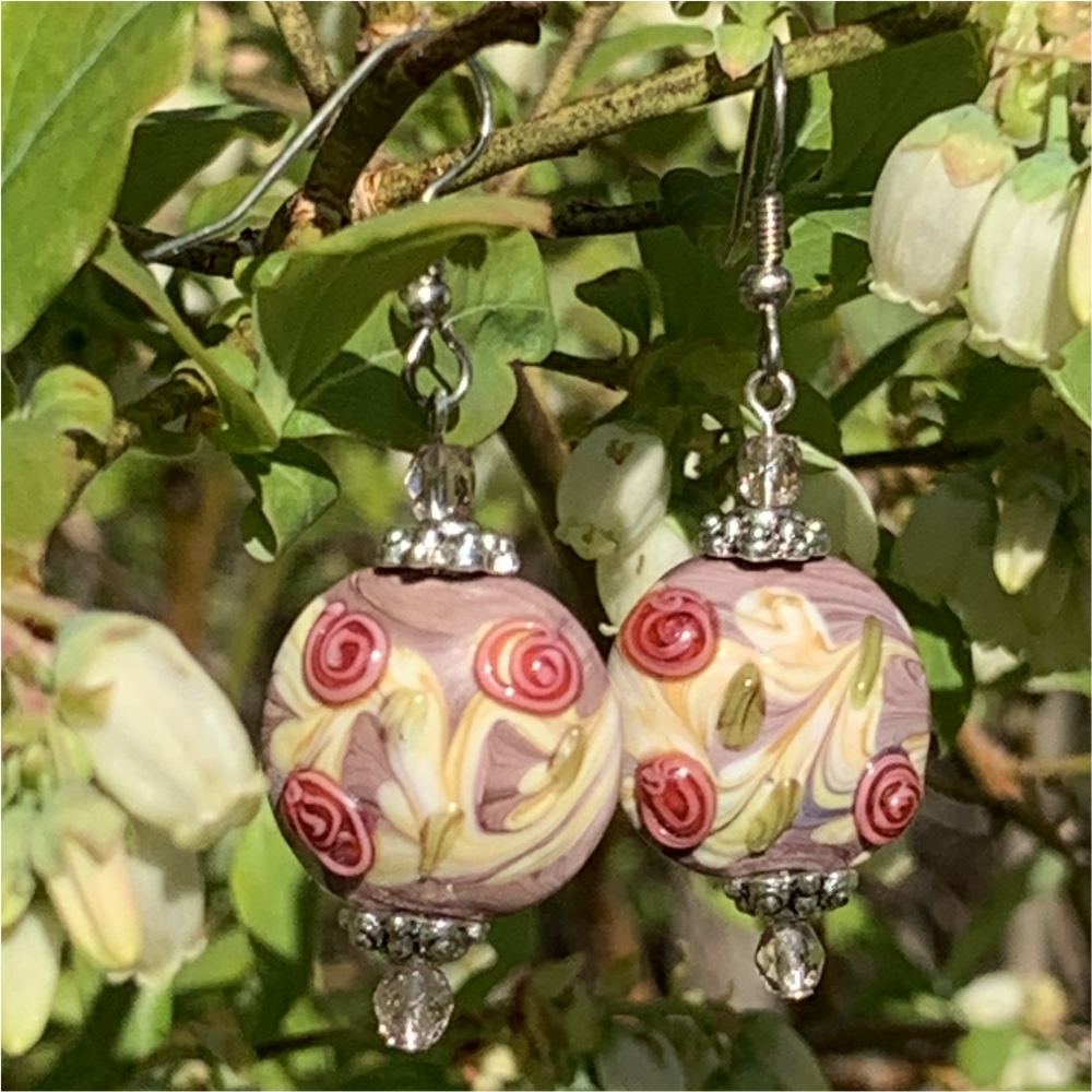 Mauve Rose Flower Coin Earrings - Image 2