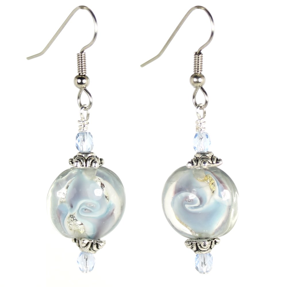 Sapphire/Silver - Small Swirl Coin Lampwork Earrings
