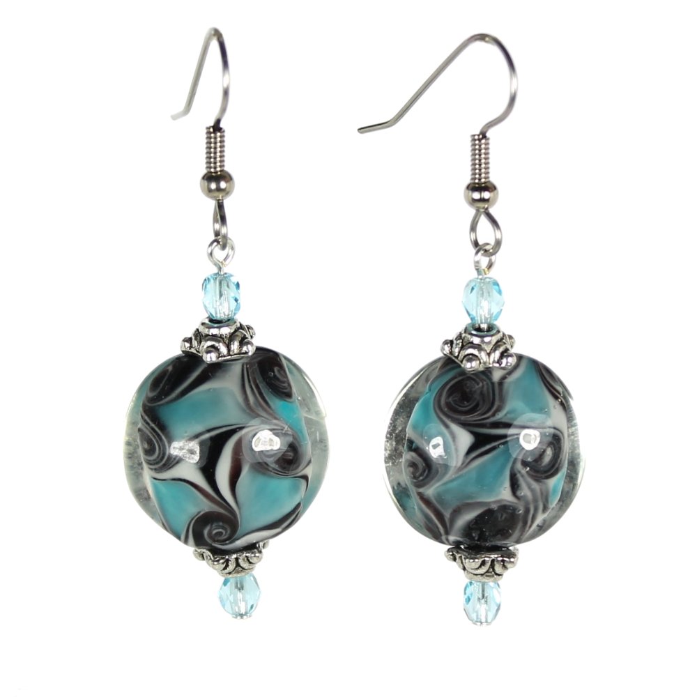 Black/Blue - Large Swirl Coin Lampwork Earrings