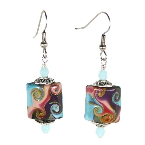 Fuchsia/Purple/Aqua Swirl Rectangle Earrings