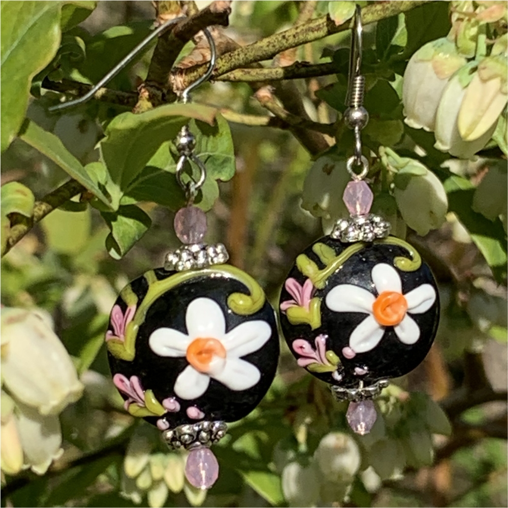 Black Daisy Flower Coin Earrings - Image 2