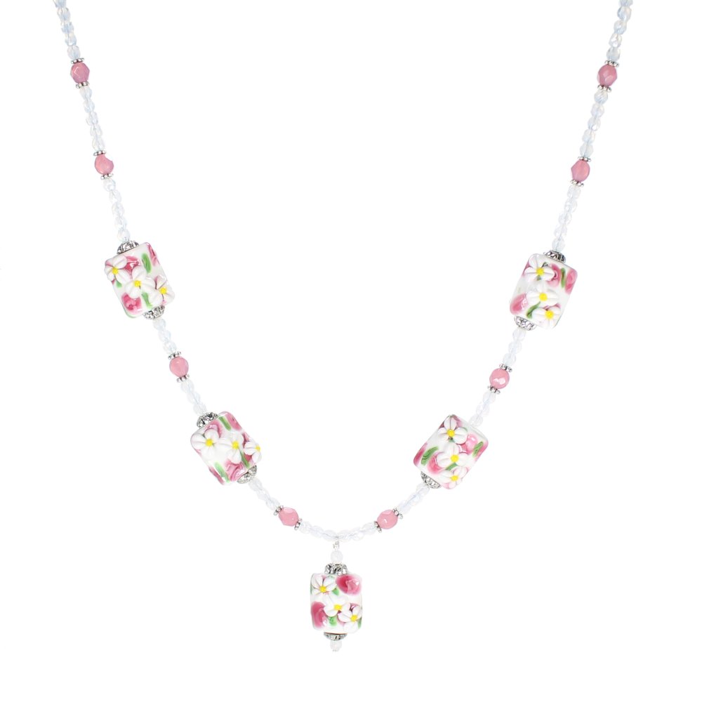 Pink/White Three Flower Rectangle Necklace