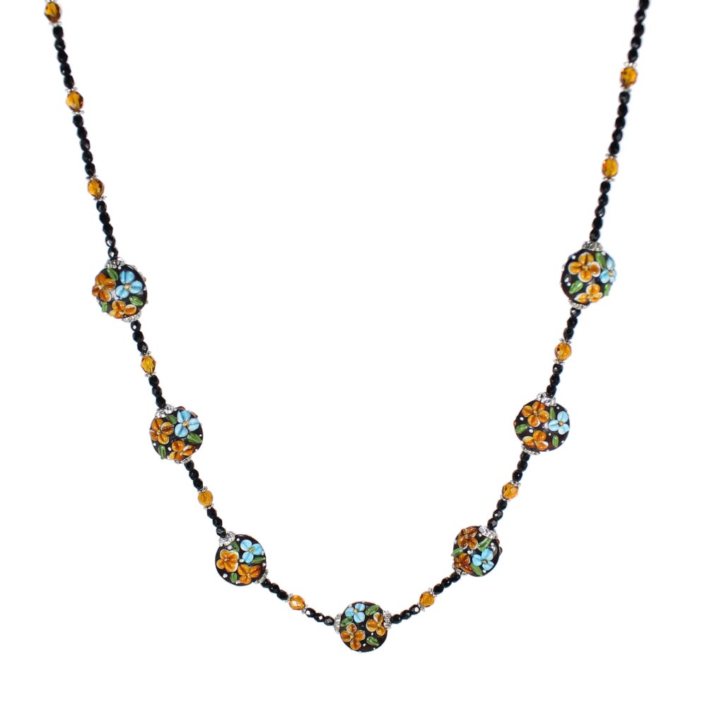 Black/Topaz/Blue Flower Coin Lampwork Necklace