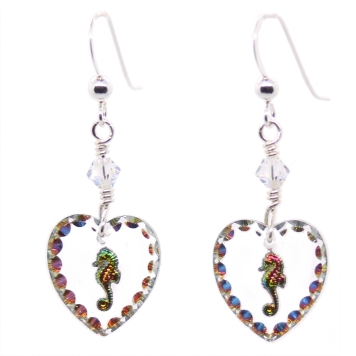 Seahorse Intaglio German Glass Heart Earrings