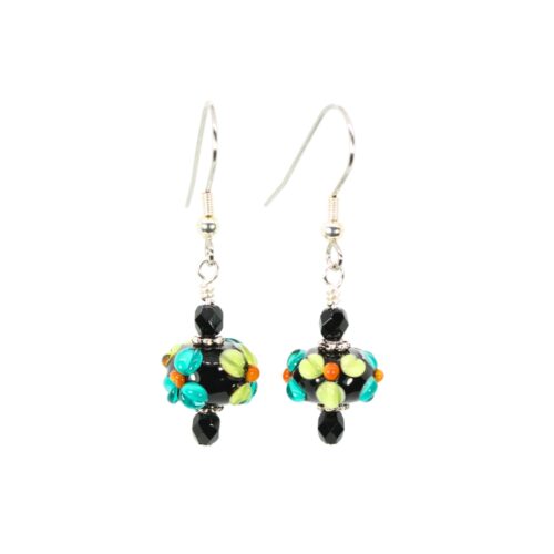 Black/Grass Green/Teal Flower Rondelle Earrings - Beads by Nicole