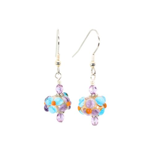 Light Violet/Aqua/Dark Violet Flower Rondelle Earrings - Beads by Nicole