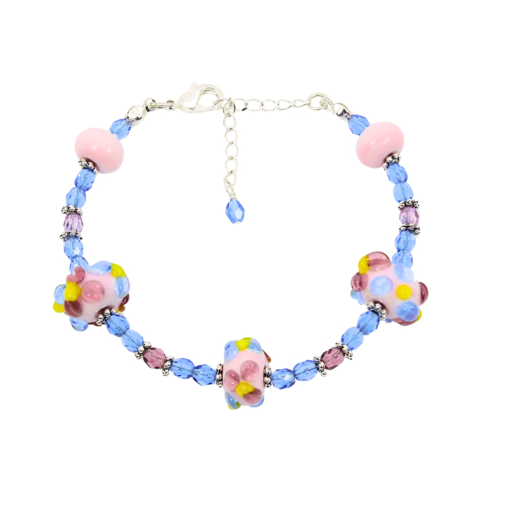 Opaque Pink/Purple/Blue Flower Rondelle Bracelet – Beads by Nicole