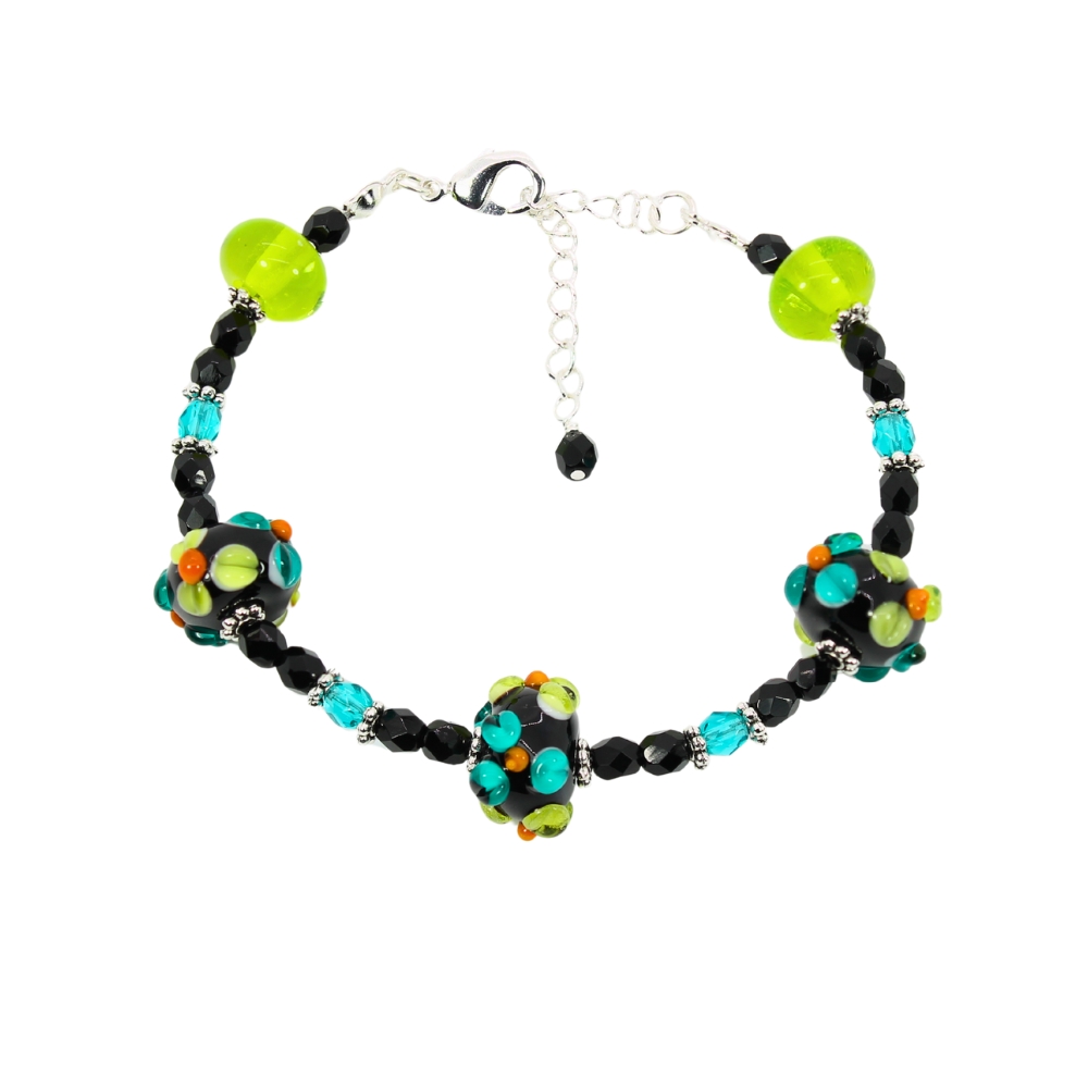 Black/Grass Green/Teal Flower Rondelle Bracelet – Beads by Nicole